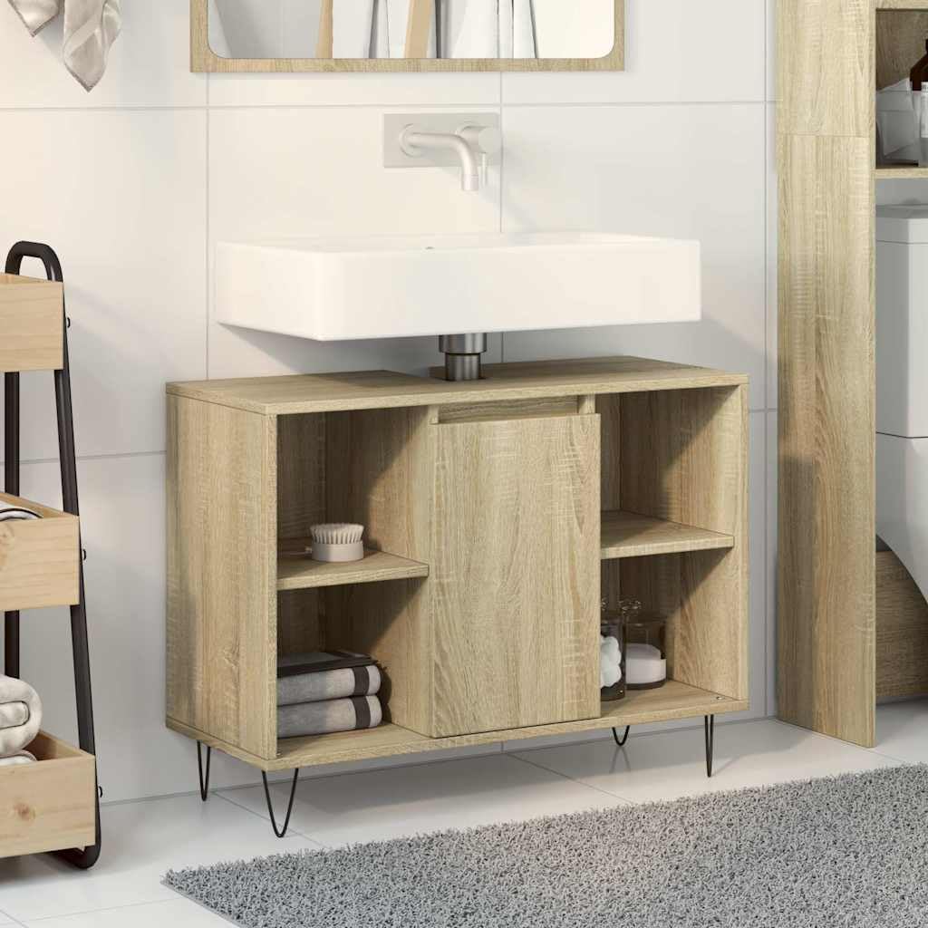 Szafka łazienkowa dąb Sonoma 80 x 33 x 60 cm, materiał drewnopochodny z żelaznymi nóżkami, 4 półki, drzwi montowane po lewej lub prawej stronie, meble łazienkowe, miejsce do przechowywania
