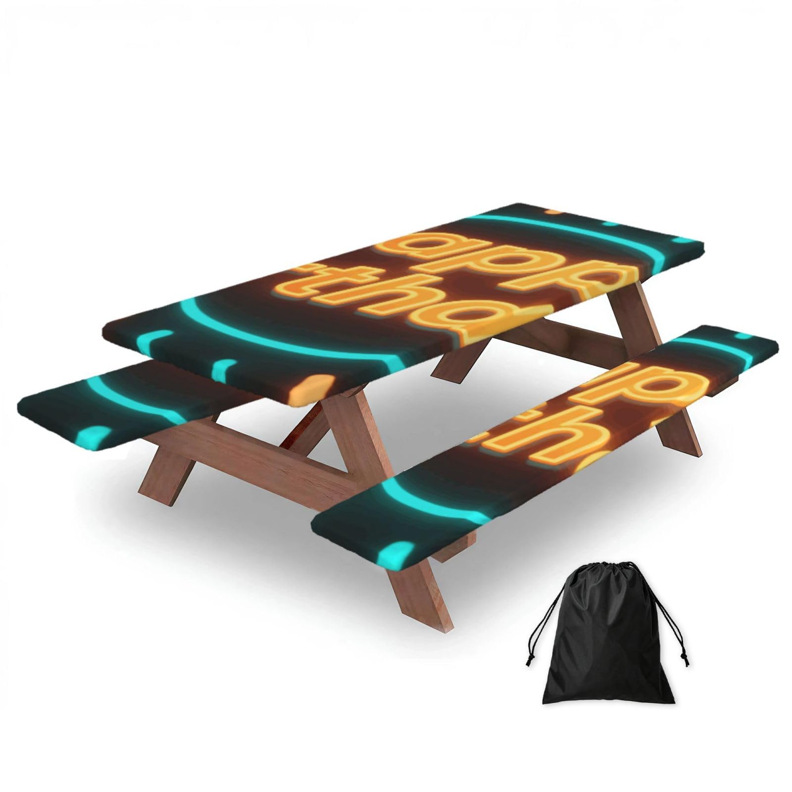 FekiLoot Happy Birthday Picnic Table Cover with Bench Covers and Bag, Windproof Waterproof Rectangle Tablecloth with Elastic Edges Fitted Camping Table Covers for Picnic Party Travel