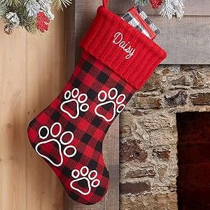Personalization Universe Buffalo Check Personalized Dog Christmas Stocking with Paw Prints, Custom Embroidered Name, Durable, Fully Lined, Perfect for Dog Toys, Bones - 18" L x 8.5" W - Red Plaid Personalization Universe Buffalo Check Personalized Dog Christmas Stocking with Paw Prints Custom Embroidered Name Durable Fully Lined Perfect for Dog Toys Bones 18 L x 85 W Red Plaid
