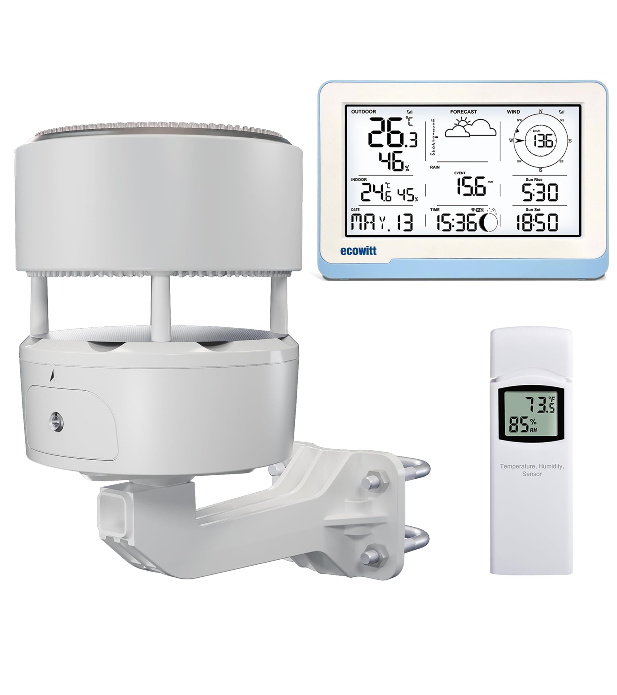 ECOWITT Estación meteorológica WiFi WS3802 con pantalla LCD de 7,5 pulgadas para uso doméstico, sensor meteorológico inalámbrico WS85 con panel solar + un sensor de temperatura-humedad WN32 WS3802: consola WS85+7,5 pulgadas