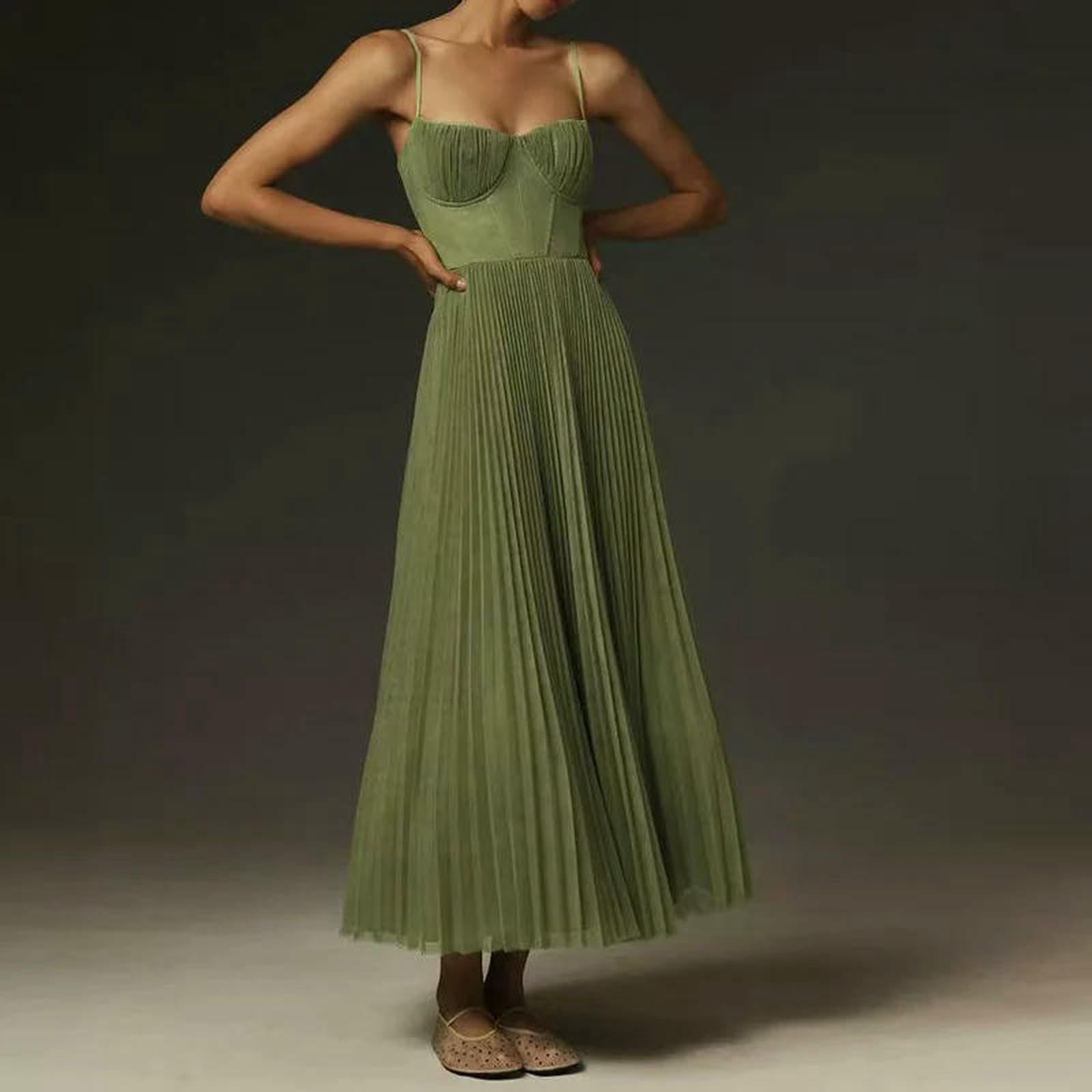 Kobiety Sukienki Gorset Damski Elegancki Spaghetti Strap Bustier Midi Dress Low Cut Flowy Pleated Hem Formal Dresses With