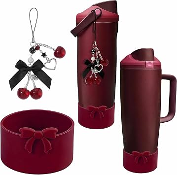 Black Cherry Charm & Bow Silicone Boot for Owala 24/30/32/40 oz, Perfect Water Bottles Accessories Set Pendant for Owala
