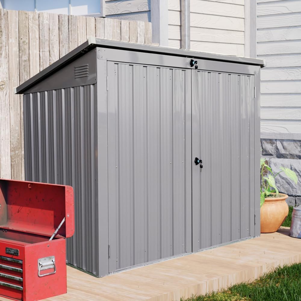 Metal Outdoor Garbage Shed Storage Bin Holds 2 Trash Cans, Galvanized Steel Rack, Lockable Waterproof Garden Yard Lawn Bin Shelter