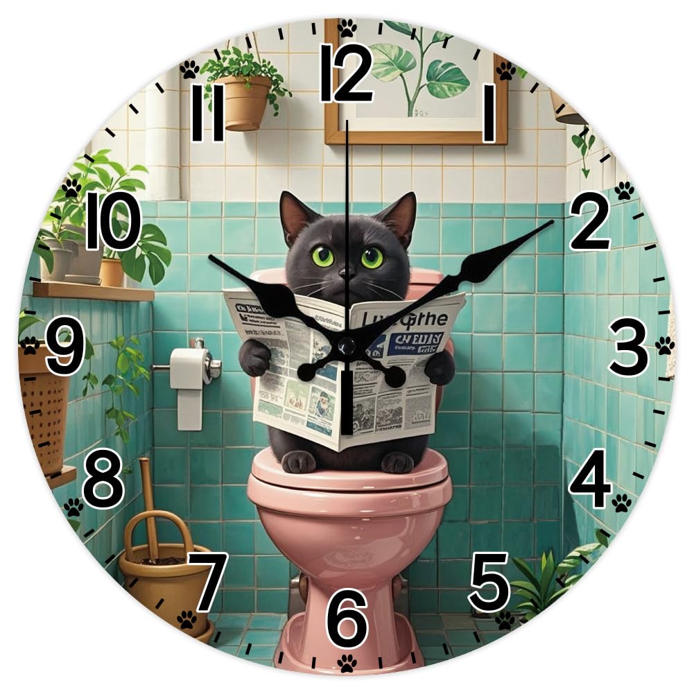 CHGCRAFT Funny Toilet Cat Style Pattern Wall Clock 12 Inch Non-Ticking Clocks Round Wall Hanging Clock Battery Operated for Bedroom Living Room Kitchen Office