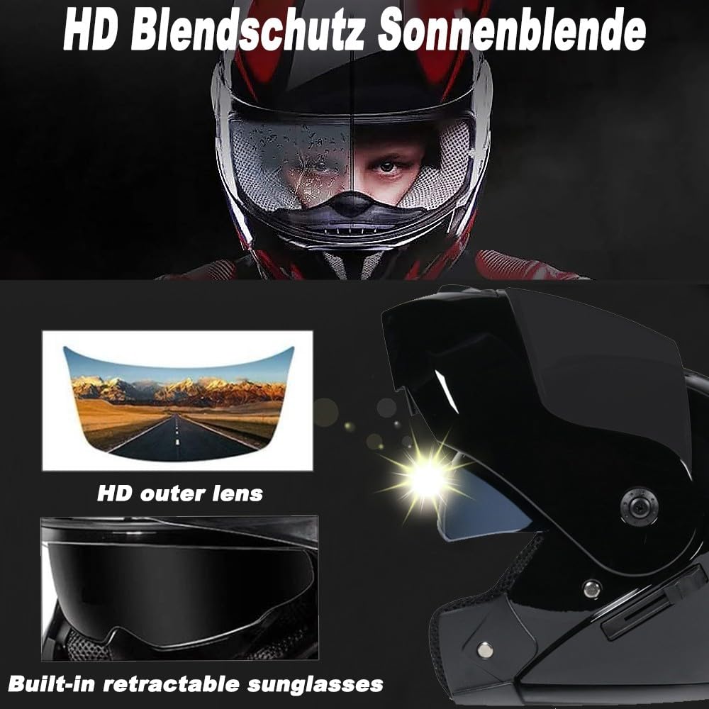 Motorradhelm Klapphelm Mit Bluetooth, Motorrad Bluetooth Modularer Helm ECE Zertifizierter, Integralhelm mit Doppelvisier, für Automatische Antwort Helm Herren Damen (21.6-24.4in)