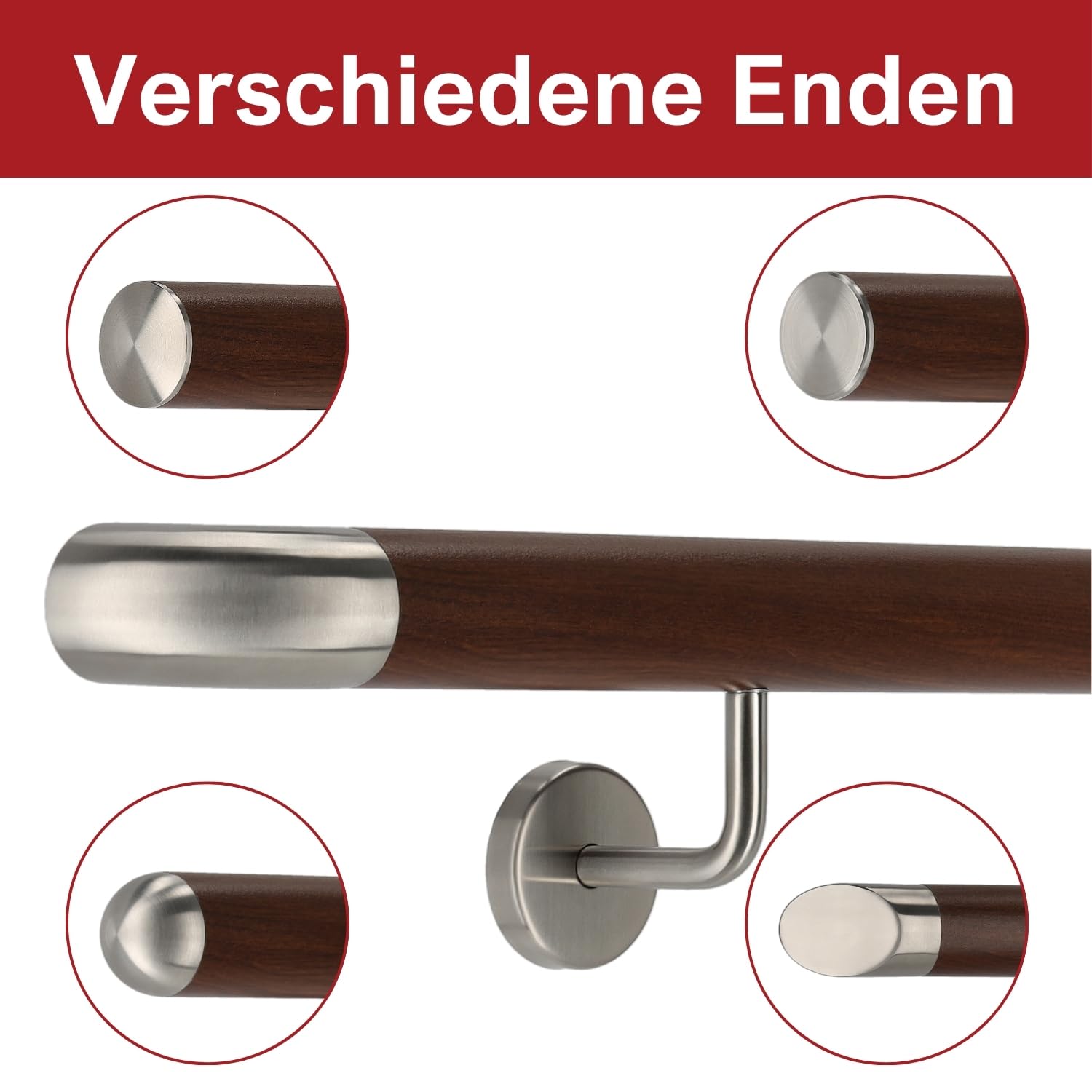 TIBU Handlauf Aluminium Nussbaum Holz Dekor 30-600cm Wandhandlauf Treppe gewinkelte Edelstahlhalter, Länge 200 cm mit 3 Halter und Bogen zur Wand