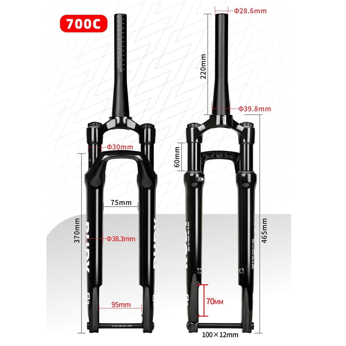 700C Gravelbike-Federgabel, 50 mm Federweg, 1-1/2" konisch, Offroad-Scheibenbremse vorne, XC-Luftfederung, manuelles Lockout, 100 * 12 mm Steckachse (Mattschwarz)