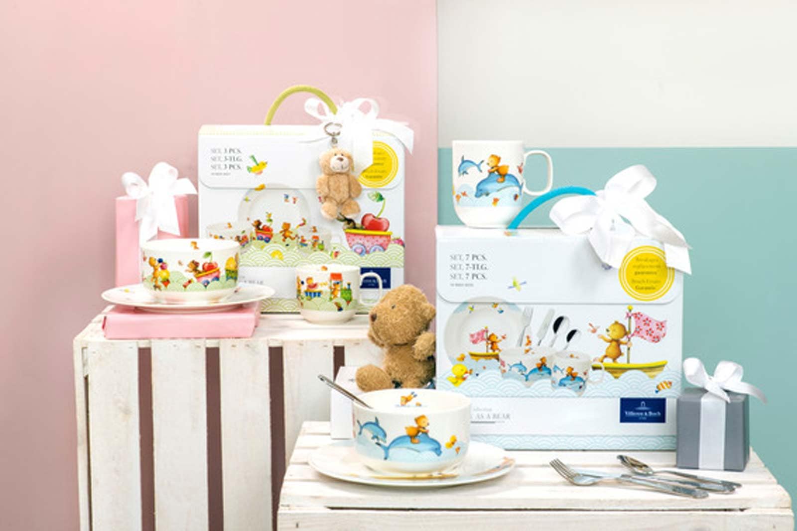Villeroy & Boch Hungry as a Bear Essen-Set mit Löffel 3-teilig – Kinderteller & Airplane-Breilöffel – Premium Porzellan & Edelstahl, Spülmaschinenfest & Mikrowellensicher
