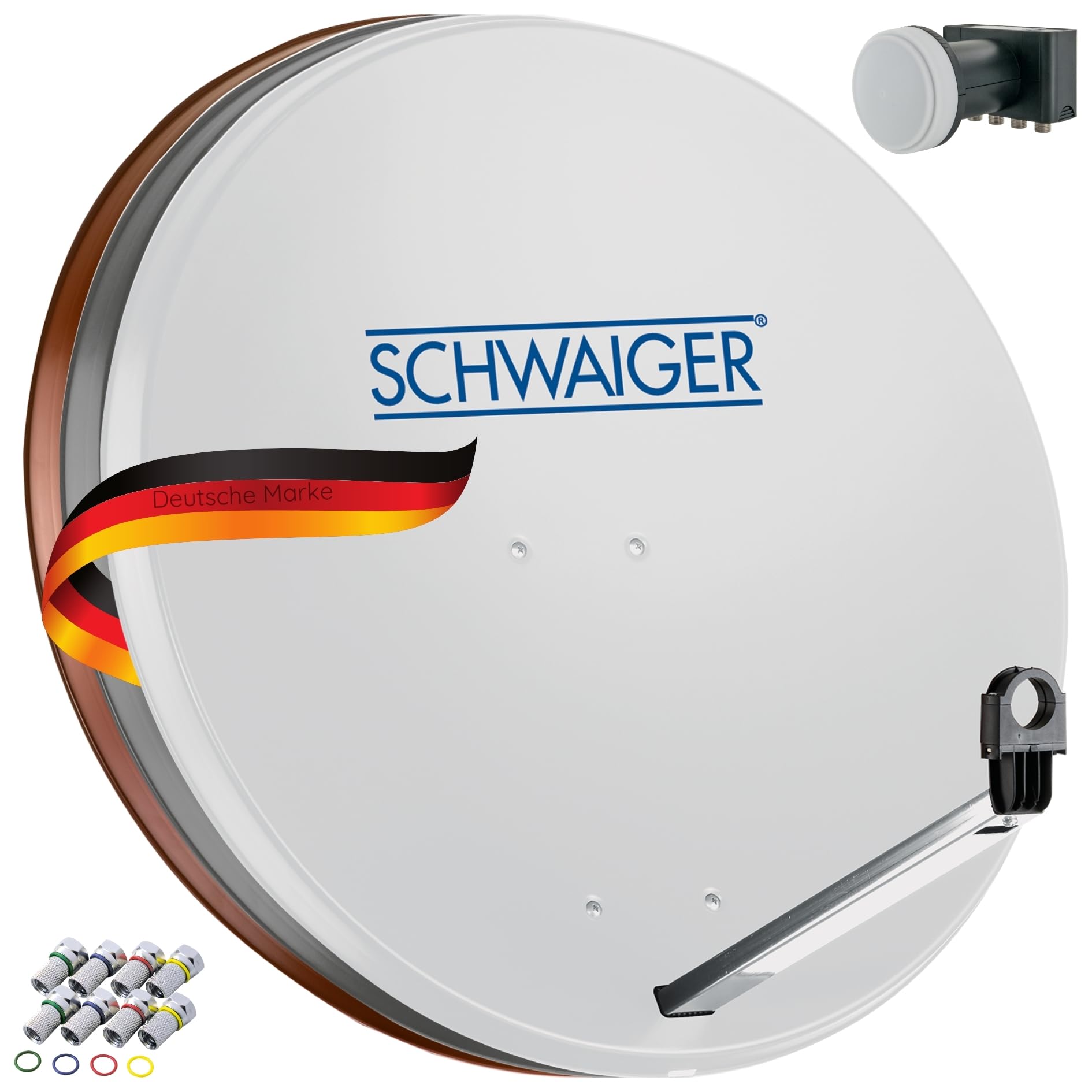 Sistema Sat 500 de SCHWAIGER Juego satélite Antena parabólica Quad LNB Digital 8X F-Plug 7mm Antena Sat de Acero Juego Completo Gris Claro 75 x 85 cm