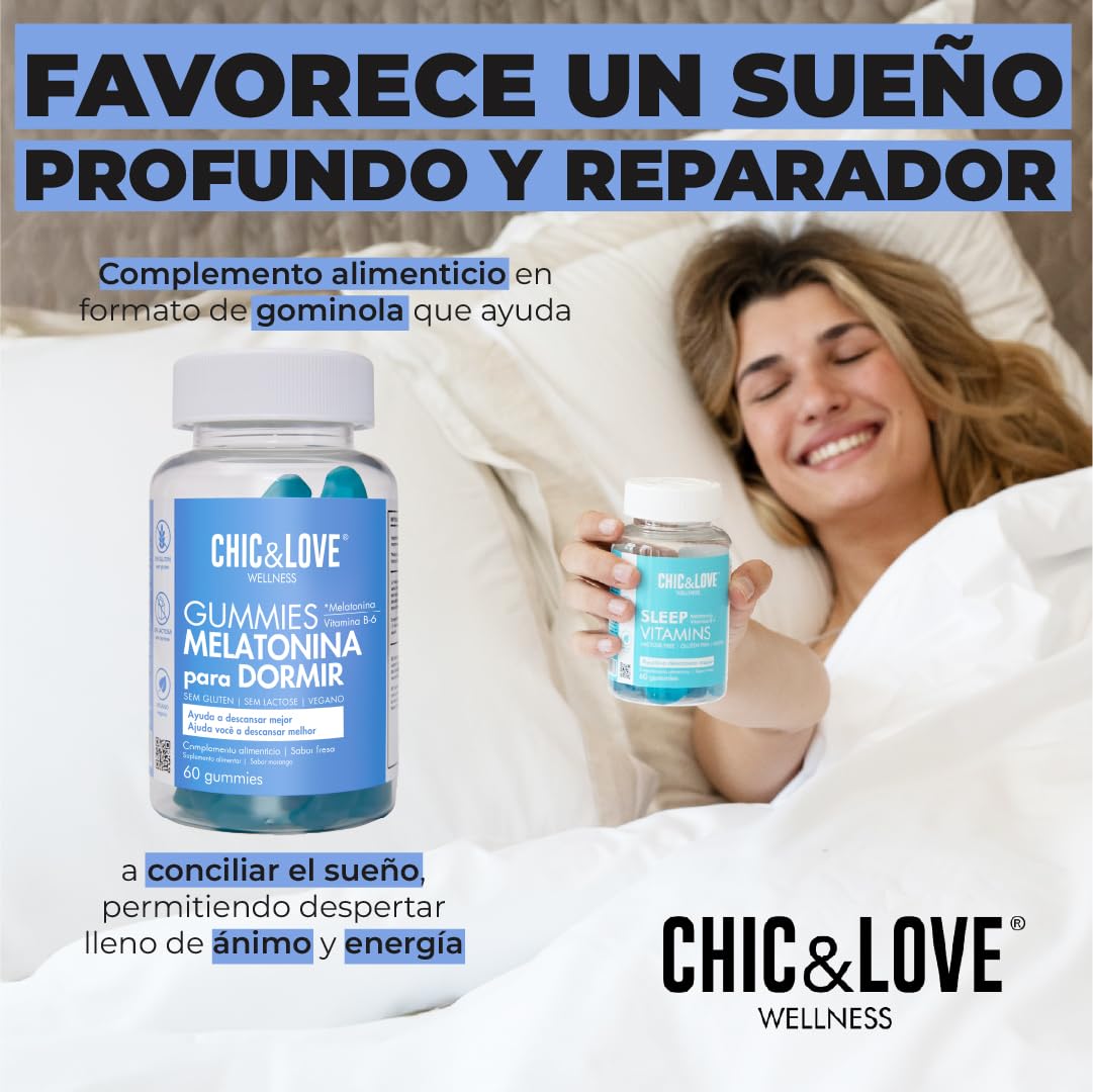 Melatonina Gominolas para Dormir con Vitamina B6 – Sabor Fresa Ingredientes Naturales Veganas Sin Gluten – Ayudan a Conciliar Sueño Bienestar 60 unidades – CHIC & LOVE
