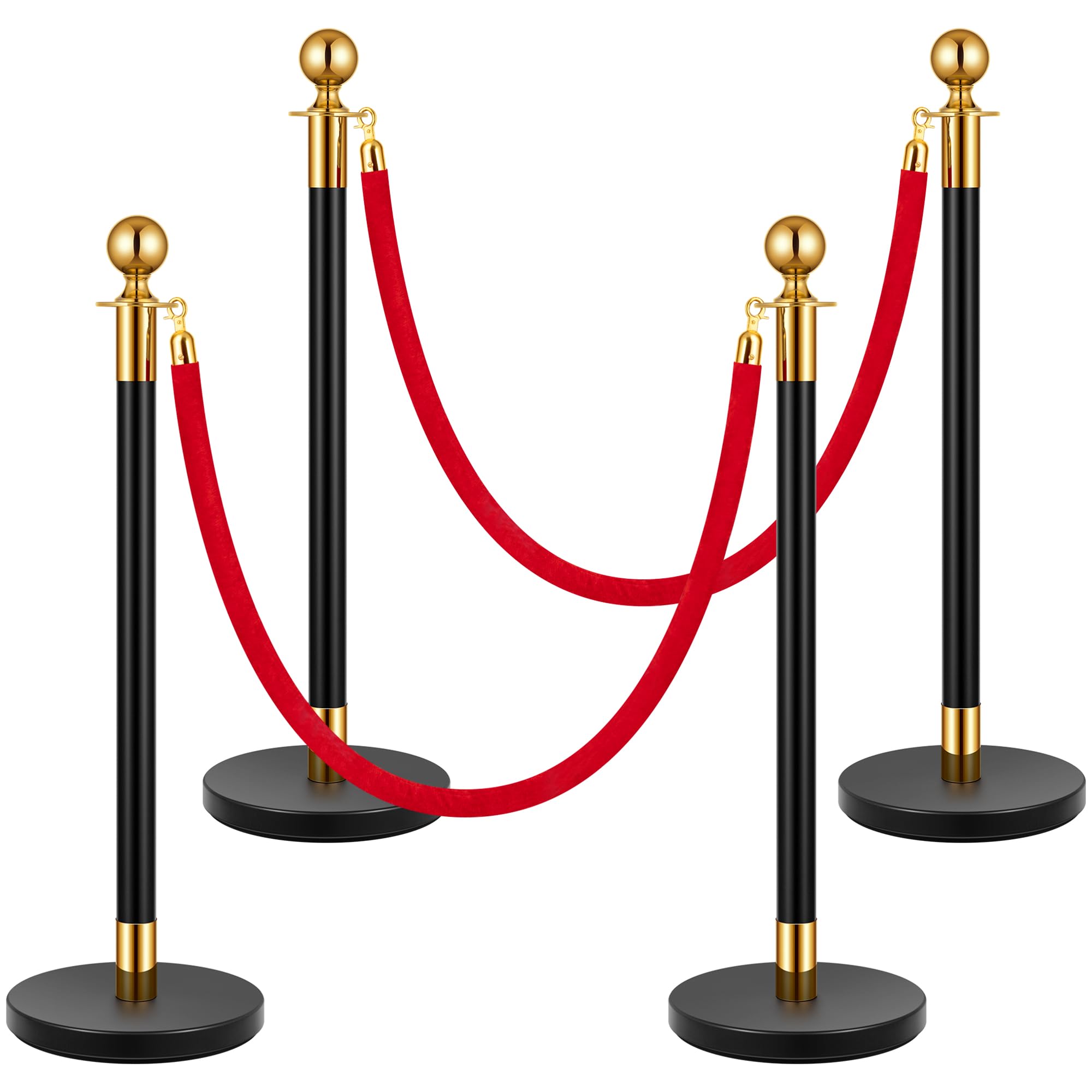 VIVOHOME Heavy Duty Iron Stanchion Post Queue 4PCS Pole w/ 2 Black Velvet Ropes, Crowd Control Barriers w/Fillable Base for High-end Venues, Museums, Party Supplies (4 Pieces, Black and Golden)