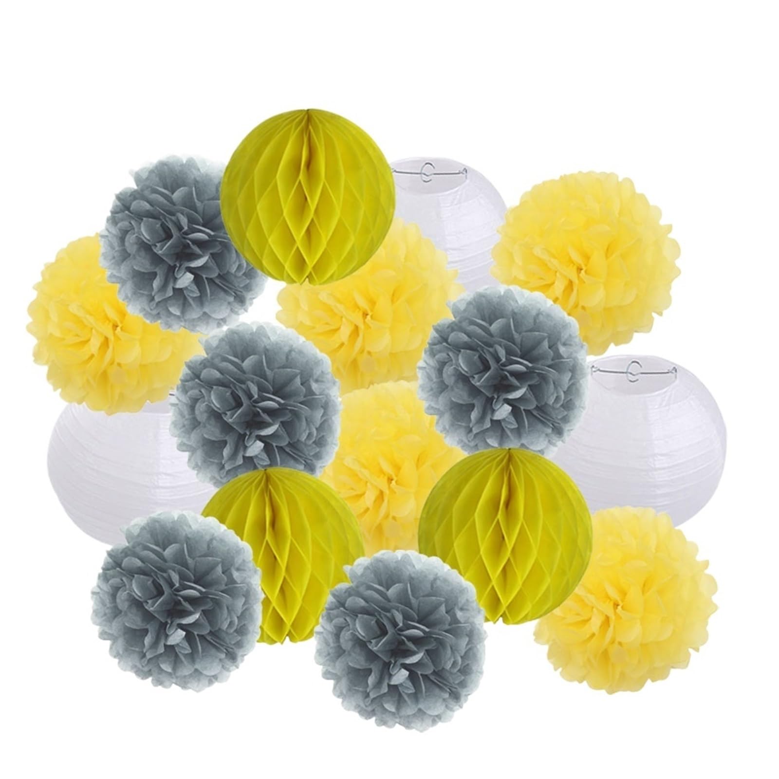 Paper Lanterns Boy Girl Birthday Party Favor Yellow Set Folding Round Paper Lantern Wedding Baptism Decor DIY Tissue Pompom(Grey Yellow Set,8inch(20cm))