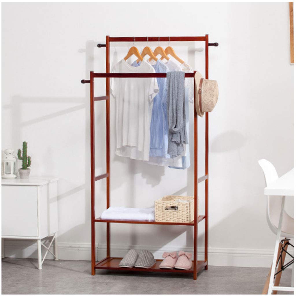 SHELFDQ Double Pole Coat Rack Shoe Rack Combination Fashion Floor Solid Wood Hanger Multi-Function Rack (Color : Red Wine, Size : 6937153cm)