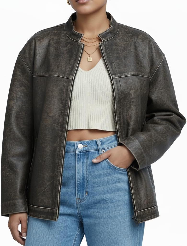 Women’s Oversized Vintage Leather Bomber Jacket – Genuine Lambskin, Distressed, Drop-Shoulder, Zip-Front - Image 2