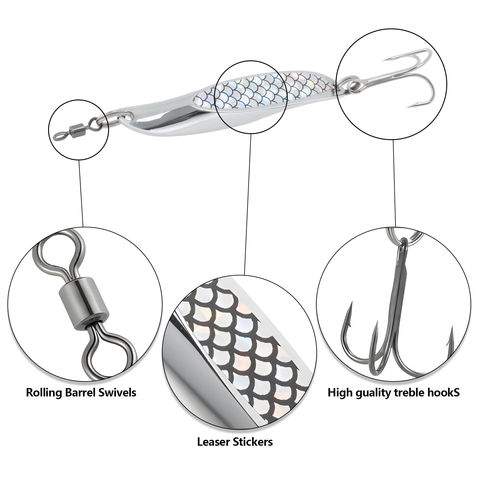 SG Store 5pcs Silver Metal Sea Fishing Lures 65mm Wedge Slice Treble Hooks Lures with 10 Swivels Casting for Bass Mackerel Trout Bluefish Pik Salmon 21g - Image 3