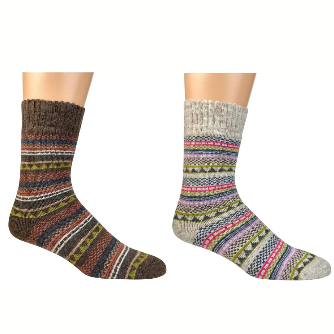 Leo Design Unisex Bundle 4 Norwegian Wool Socks With Alpaca Wool For Men & Women, Thermal Thick Knit Nordic Hygge, Cushioned Socks For Winter, 2 Pairs (6-8, )
