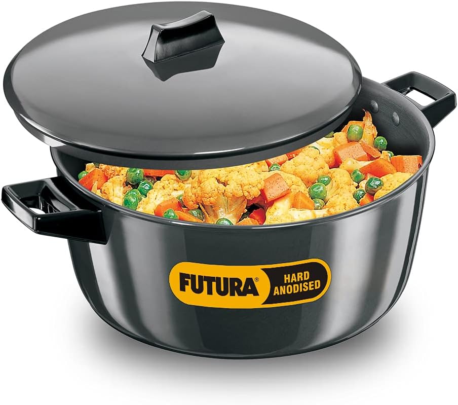 Futura 6 Litre Cook n Serve Bowl, Hard Anodised Saucepan with Hard Anodised Lid, Sauce Pan for Cooking and Serving, Black (ACB60) (Aluminium)