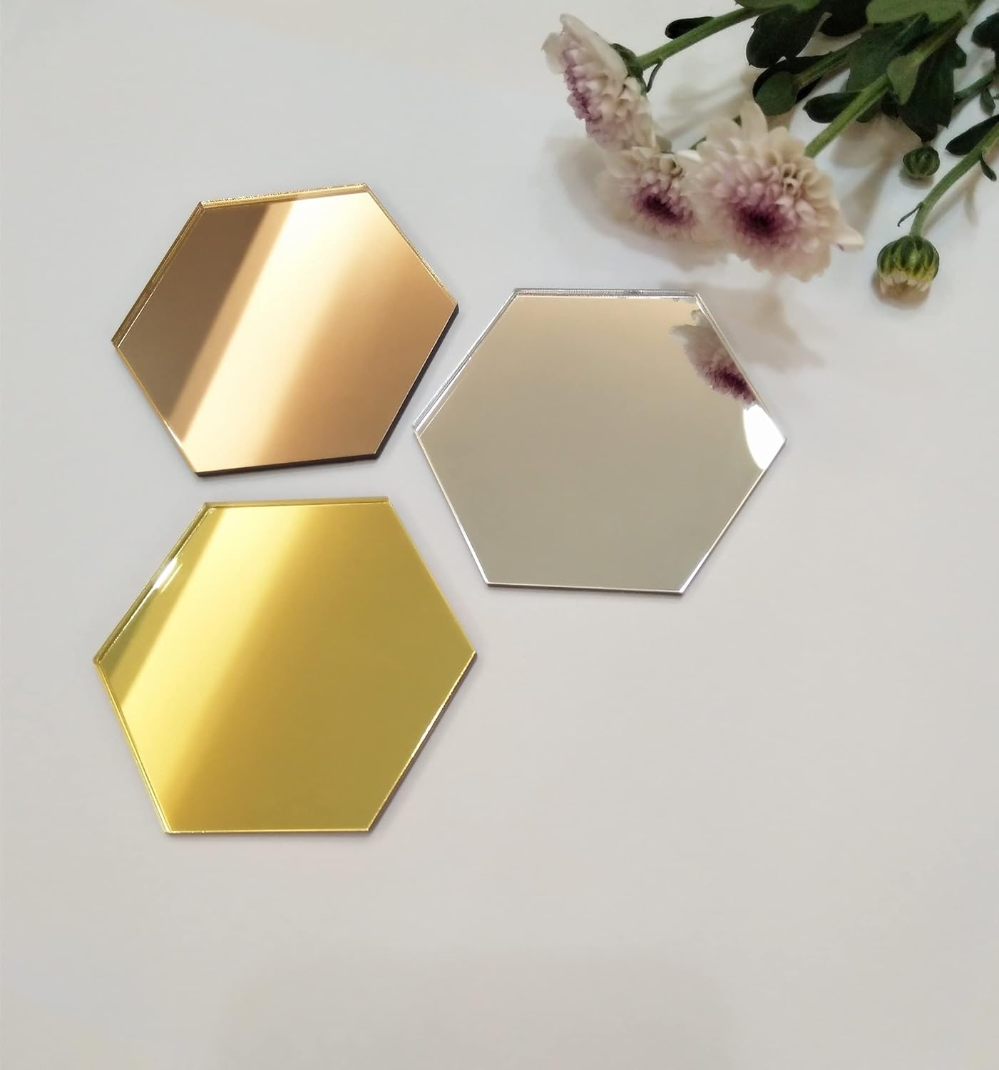Set of 10 Acrylic Mirror Jewelry Coasters,Store Display for Jewelry, Hexagon,Mirrored Acrylic Hexagon Wedding Name Place Setting (Silver Mirror, 4'')
