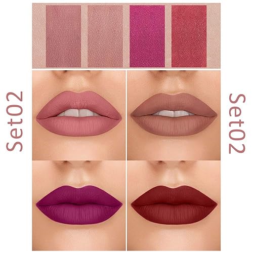 Miniatura 3 de evpct Juego de 4 lápices labiales mate para mujer, color marrón y marrón, rojo, morado, mate, 4 unidades, para mujer, larga duración, 24 horas,