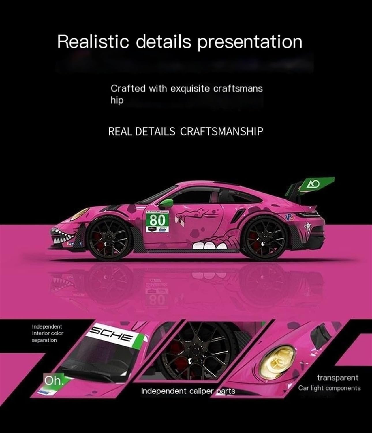 1:64 992 GT3 RS Pink Pig Simulation Alloy Car Model Regular Edition(Black Apple)