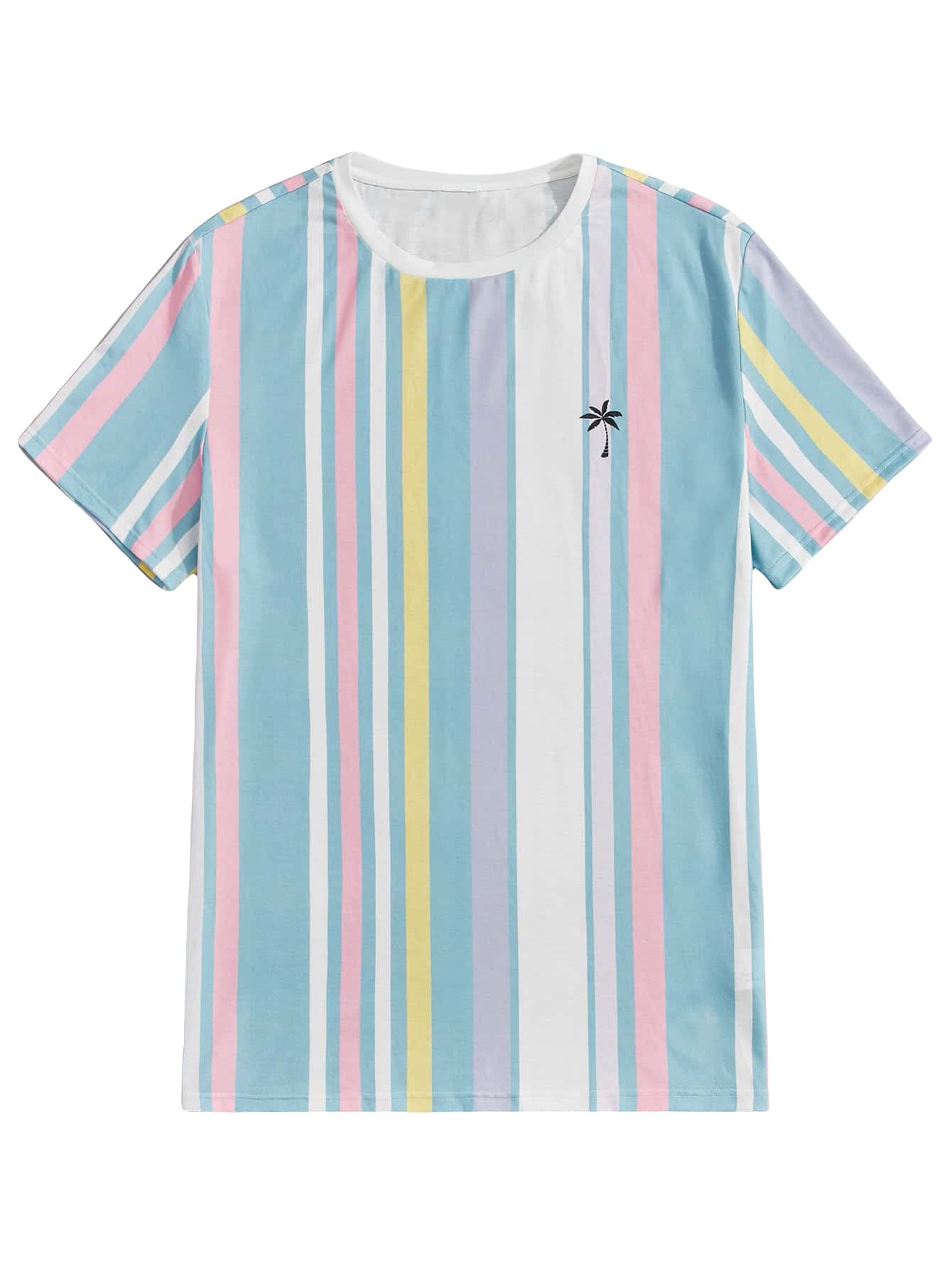GORGLITTER Men's Striped and Coconut Tree Print Short Sleeve Round Neck Tee Top