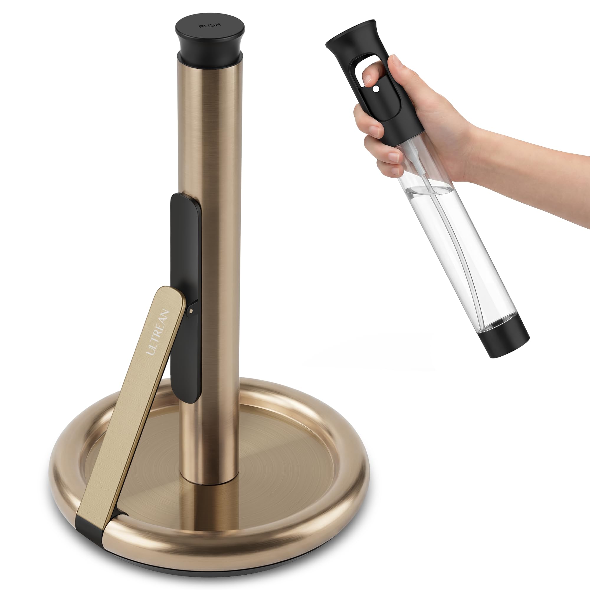 Photo 1 of Ultrean Paper Towel Holder with Spray Bottle, Countertop Freestanding Paper Towel Dispenser with Spring-Loaded Tension Arm for One-Handed Tear, Weighted Non-Slip Base, Stainless Steel for Kitchen,Gold