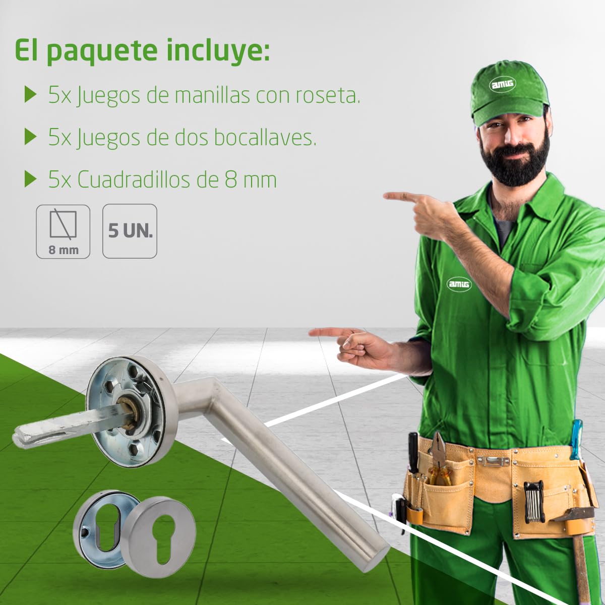 Amig - Pack de 5 Manillas con Roseta para Puertas | 136 x Ø19 mm | Diseño Elegante y Sencillo | Ideal para tu hogar u oficina | Acero inoxidable | Plateado Mate | Incluye Bocallave para Cilindros