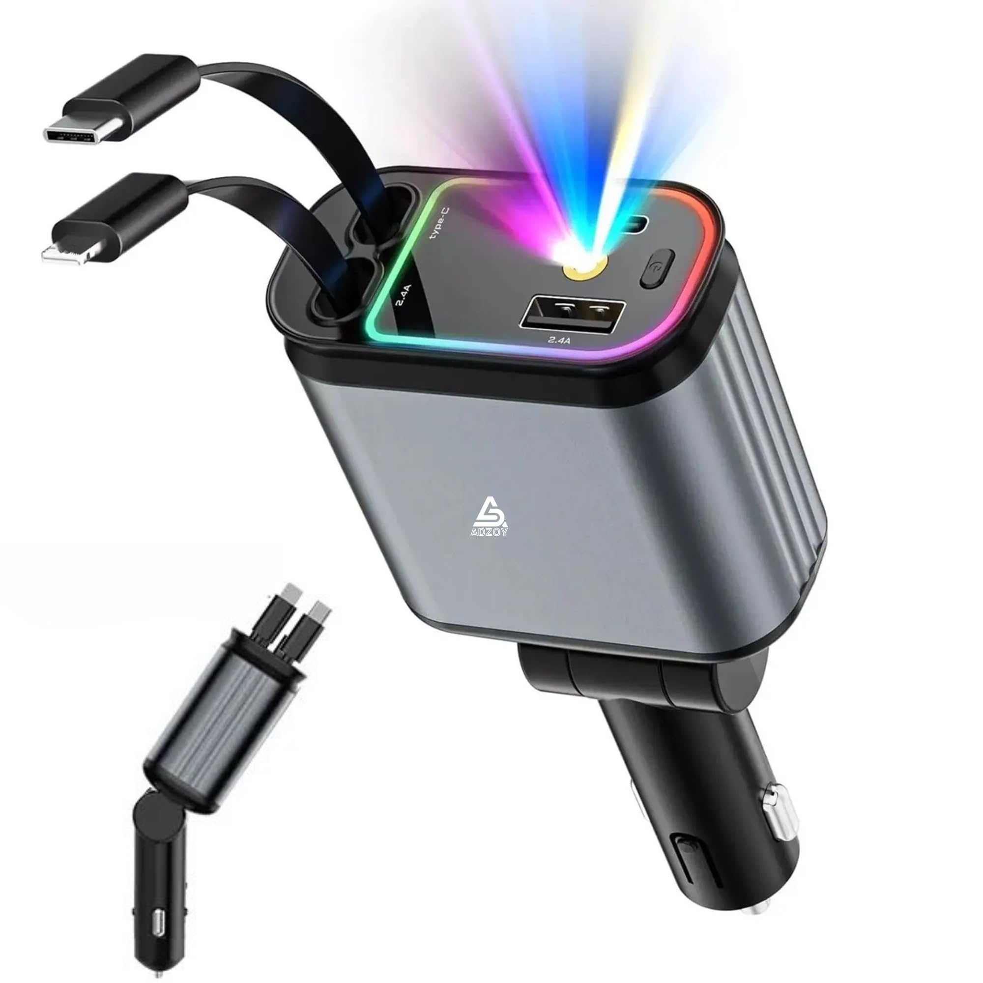ADZOY Retractable Type C +iOS Car Mobile Charger with Roof Starry Projection | Car Accessories | 4 in 1 | Fast Charging & Ambient LED Light – Universal for All Phones | Starry Sky Light-image-46