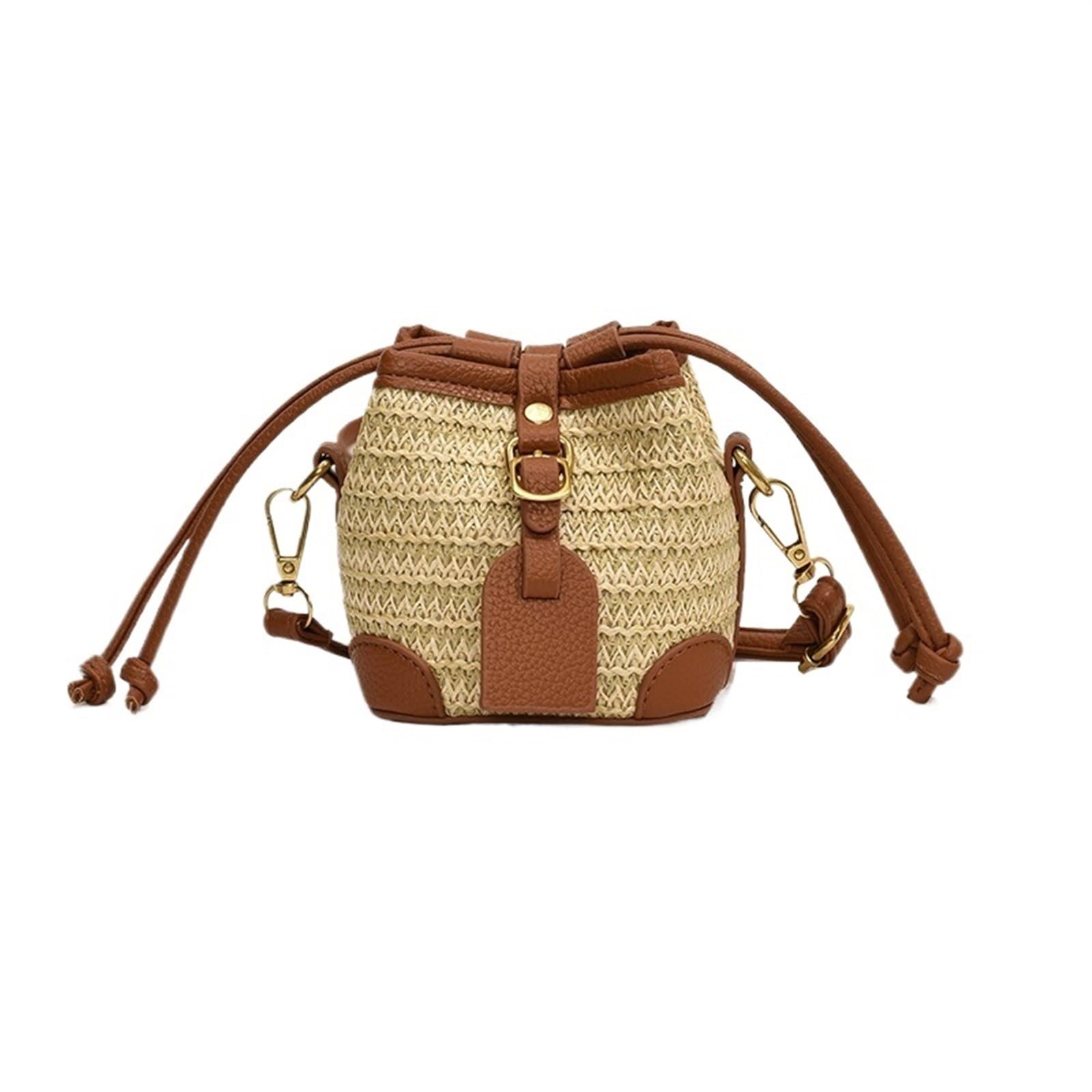 Heuchuan Women's Brown Straw Bag For Mini Straw Bucket Bags For Summer Knitting Shoulder Crossbody Bag Messenger Handbag(Brown)