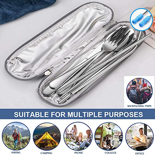 Portable Travel Utensils Silverware Set With Case,Reusable Trave Stainless Steel Camping Cutlery Set With Chopsticks And Straw, Portable Flatware With Case For Office School Picnic Bf(Silver) #TOP3