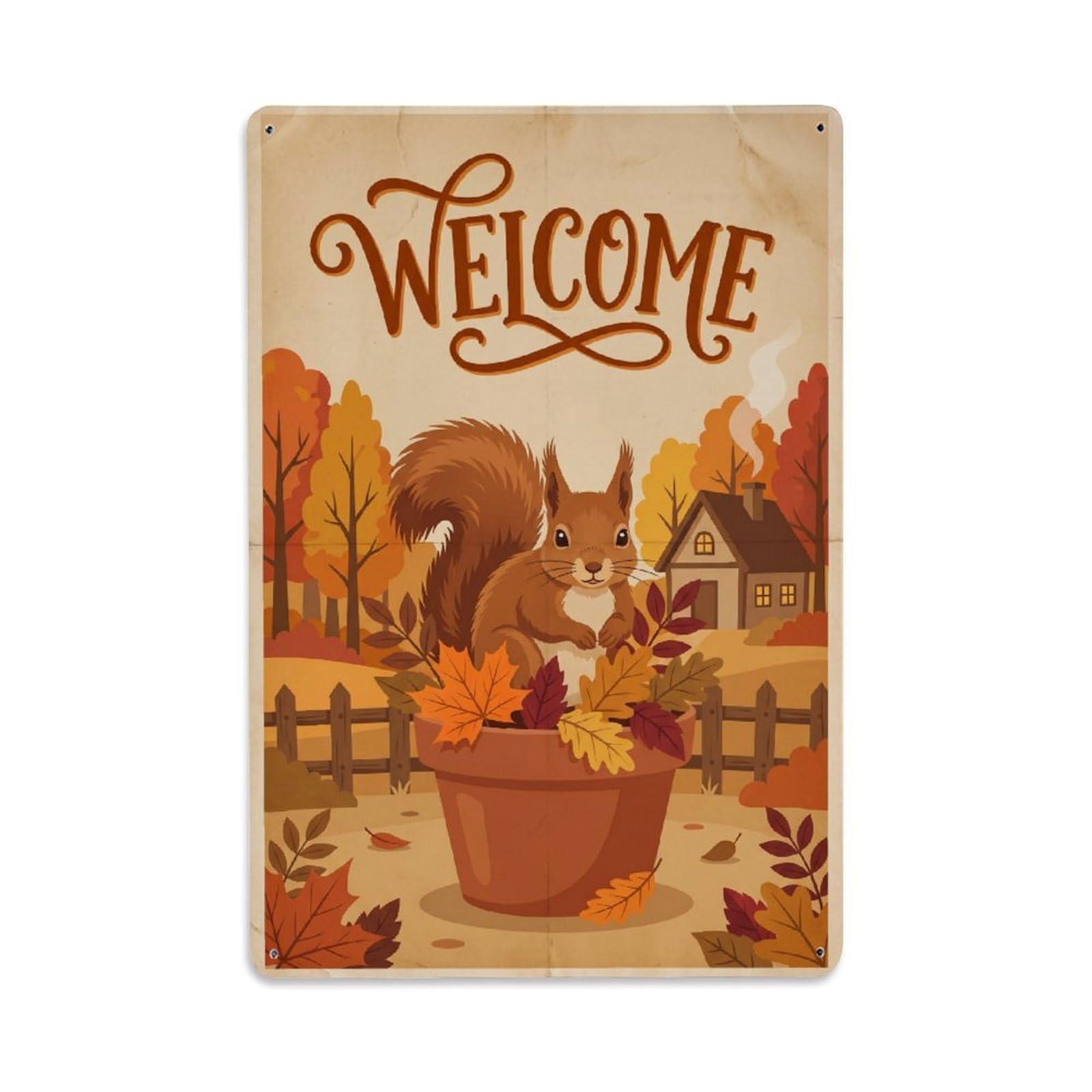 Cxhjca 8X12inch(20X30cm) Vintage Welcome Squirrel Harvest Season Metal Tin Sign
