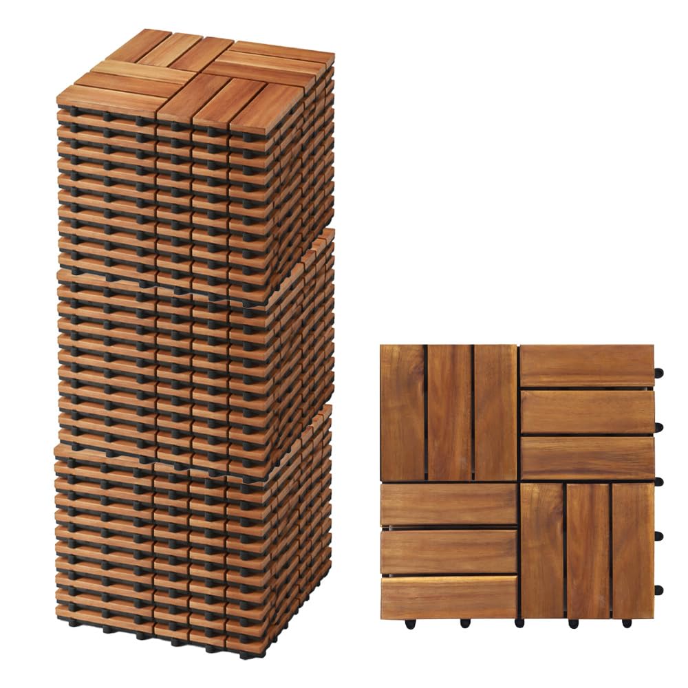 Set di Piastrelle in Legno di Acacia 30x30x2h cm - 12 Dogne Ciascuna, Pavimento Esterno, Giardino, Sistema a Incastro, per Terrazza, Patio, Resistente - Set da 36PZ