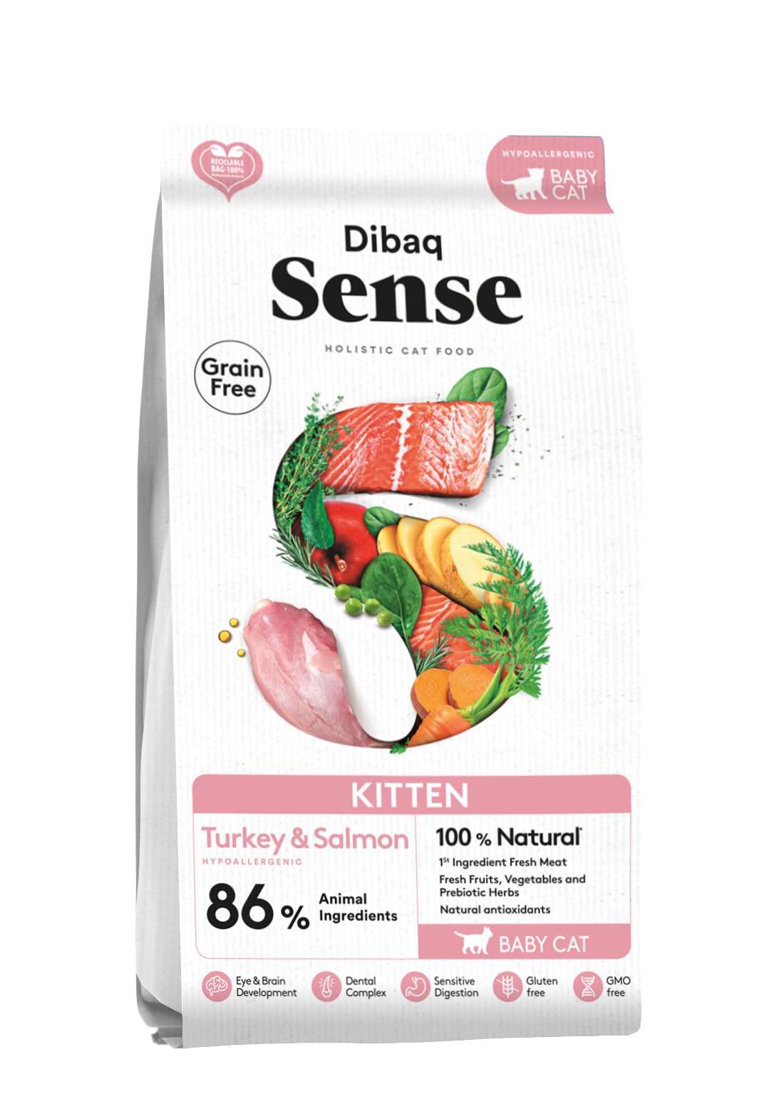 Dibaq Sense Cat Kitten: pienso de Pavo y salmón para Gatos, 100% Natural y sin Cereales. Especial para Cachorros. (1,5 kg)