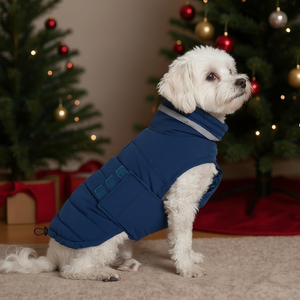 Mklhgty Waterproof Dog Coat for Medium and Large Dogs, Warm Dog Winter Jacket, Reflective Windproof Turtleneck Coats with Adjustable Hook & Loop - Blue - L