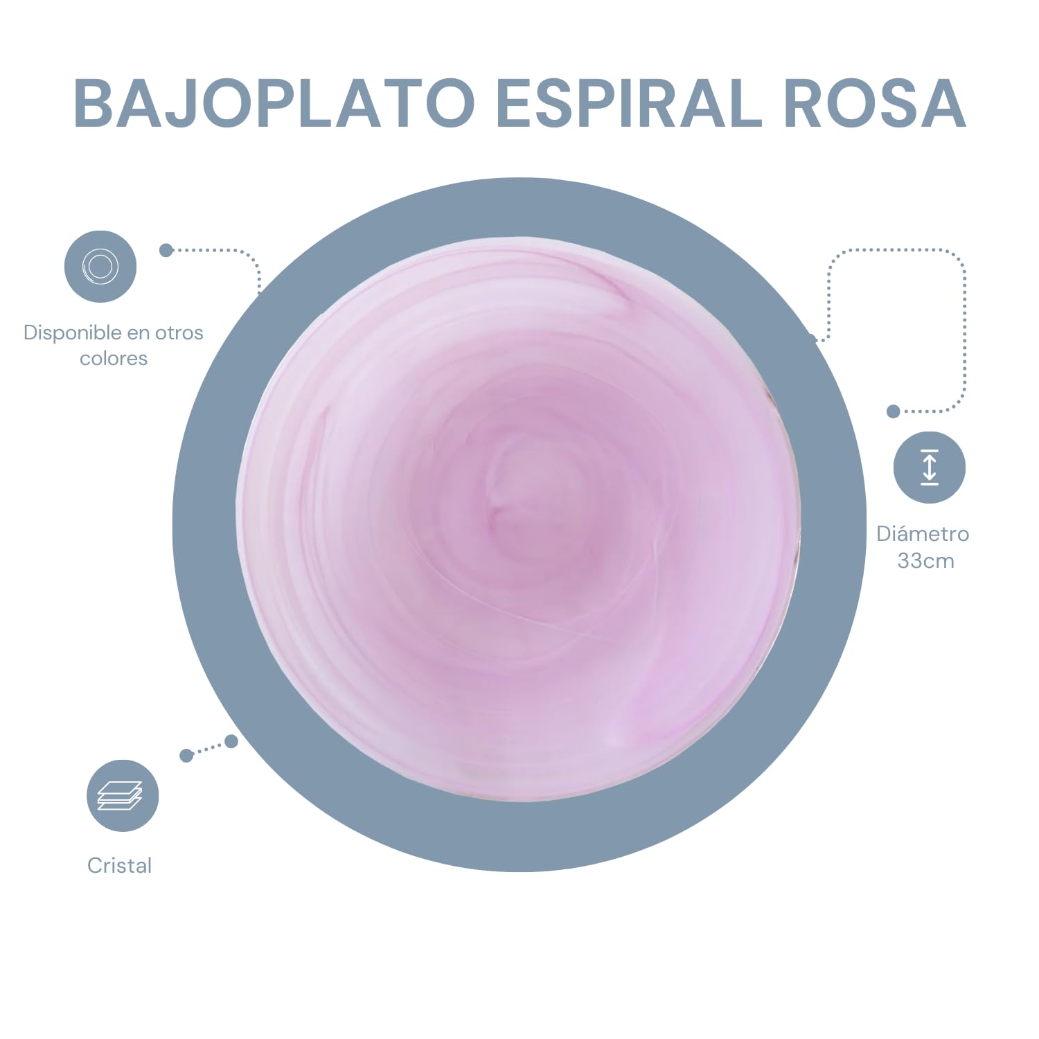 EME Pack Bajoplatos Rosa Cristal con diseño de Líneas en Espiral Círculo. Diámetro: 33 cm. Contiene: 6 unidades. Bajoplatos Cristal disponible en Rosa, Azul y Ámbar