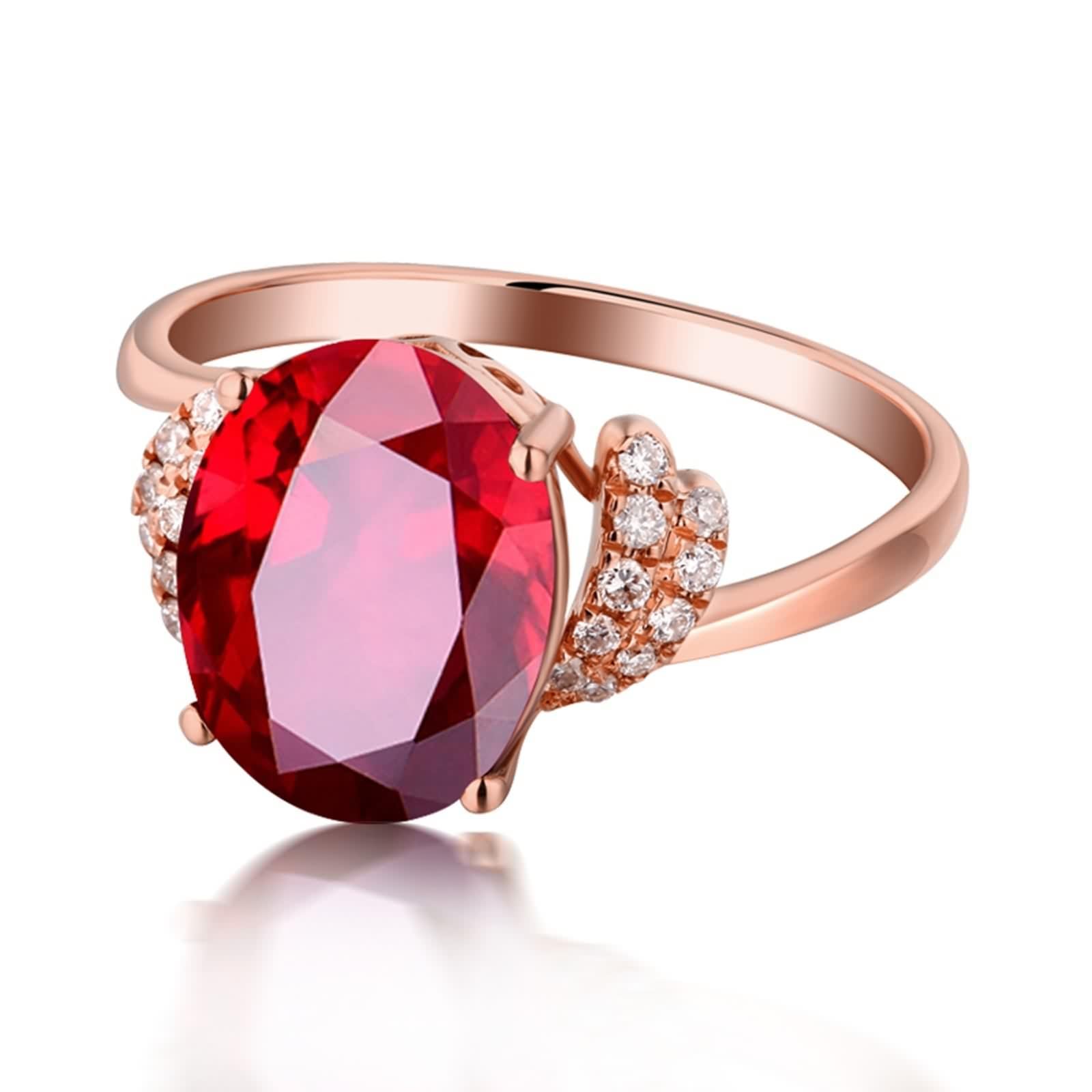 Anillo de rubí auténtico, oro 750, oro rosa de 18 quilates, anillo ovalado de rubí con diamante blanco rojo cómodo ajuste