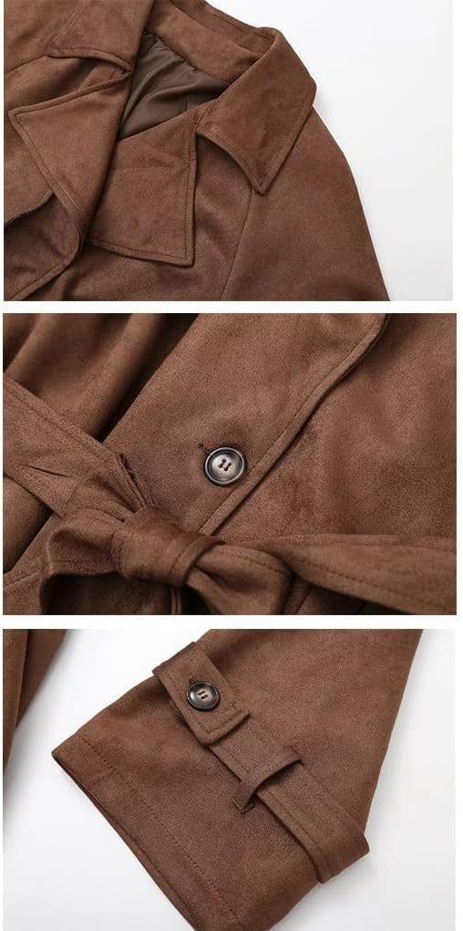 Womens Faux Suede Trench Coat Long Suede Leather Jacket Double Breasted Pea Coat with Belt