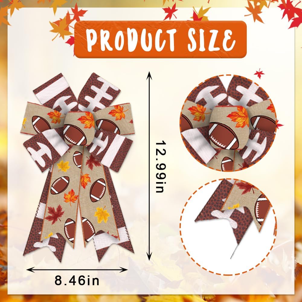 2 Pieces Football Bows for Wreath, American Football Wreath Bows Brown Natural Burlap Bow Maple Leaf Football Craft Bow Holiday Farmhouse Tree Bows for Front Door Football Decorations - Image 2