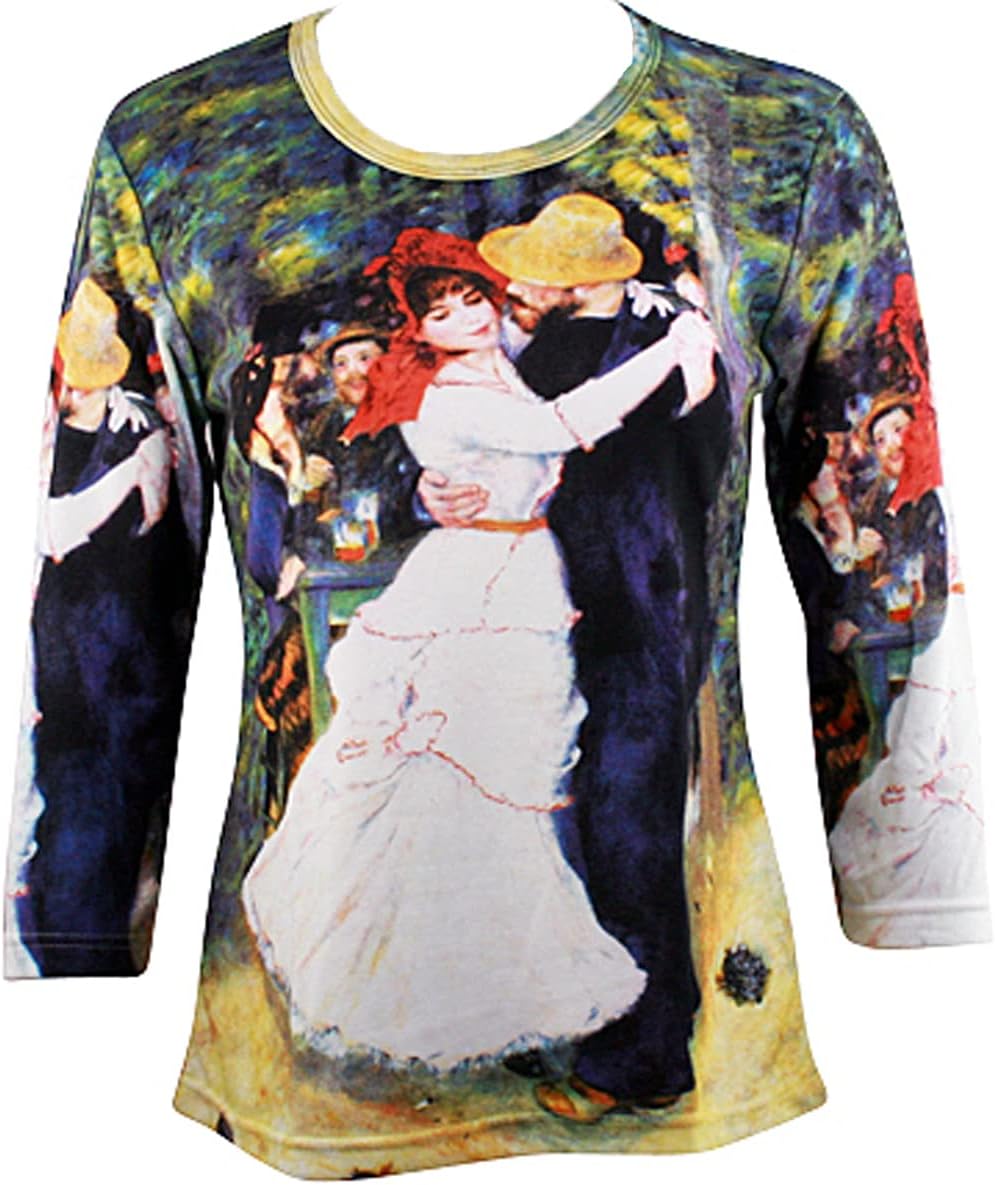 Renoir Dance at Bougival, 3/4 Sleeve Hand Silk Screen Illustrated Art Fashion Top