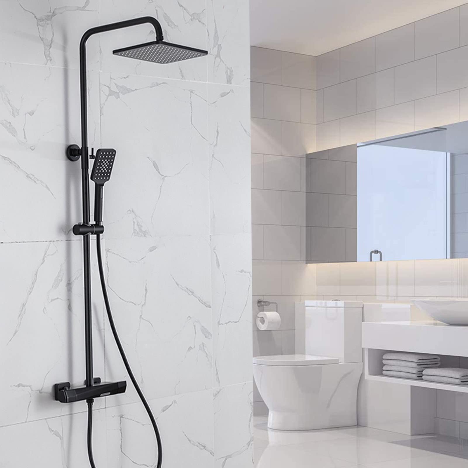 CWCQGH Thermostatic Shower Taps Set, Exposed Shower System Black, Square Shower Head, 3-Mode Hand Shower, Bathtub Faucet, Bathroom Mixer Tap