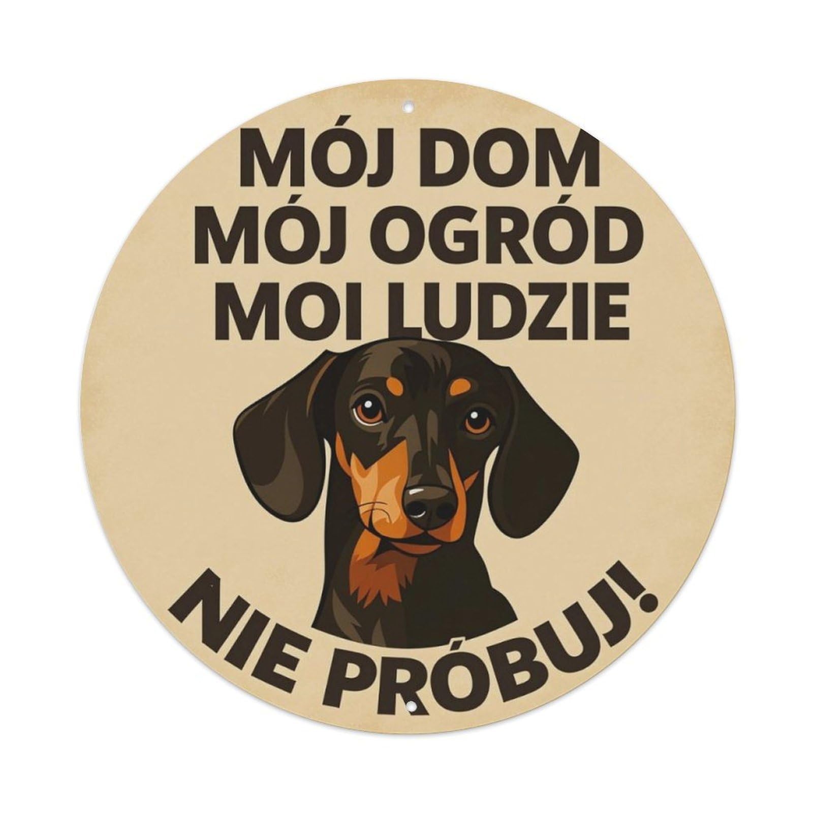 Polish Dachshund Home Warning Round Decor Sign Vintage Aluminium Metal Sign, Retro Wall Decor for Home, Bar, Garage & Farmhouse 20x20cm