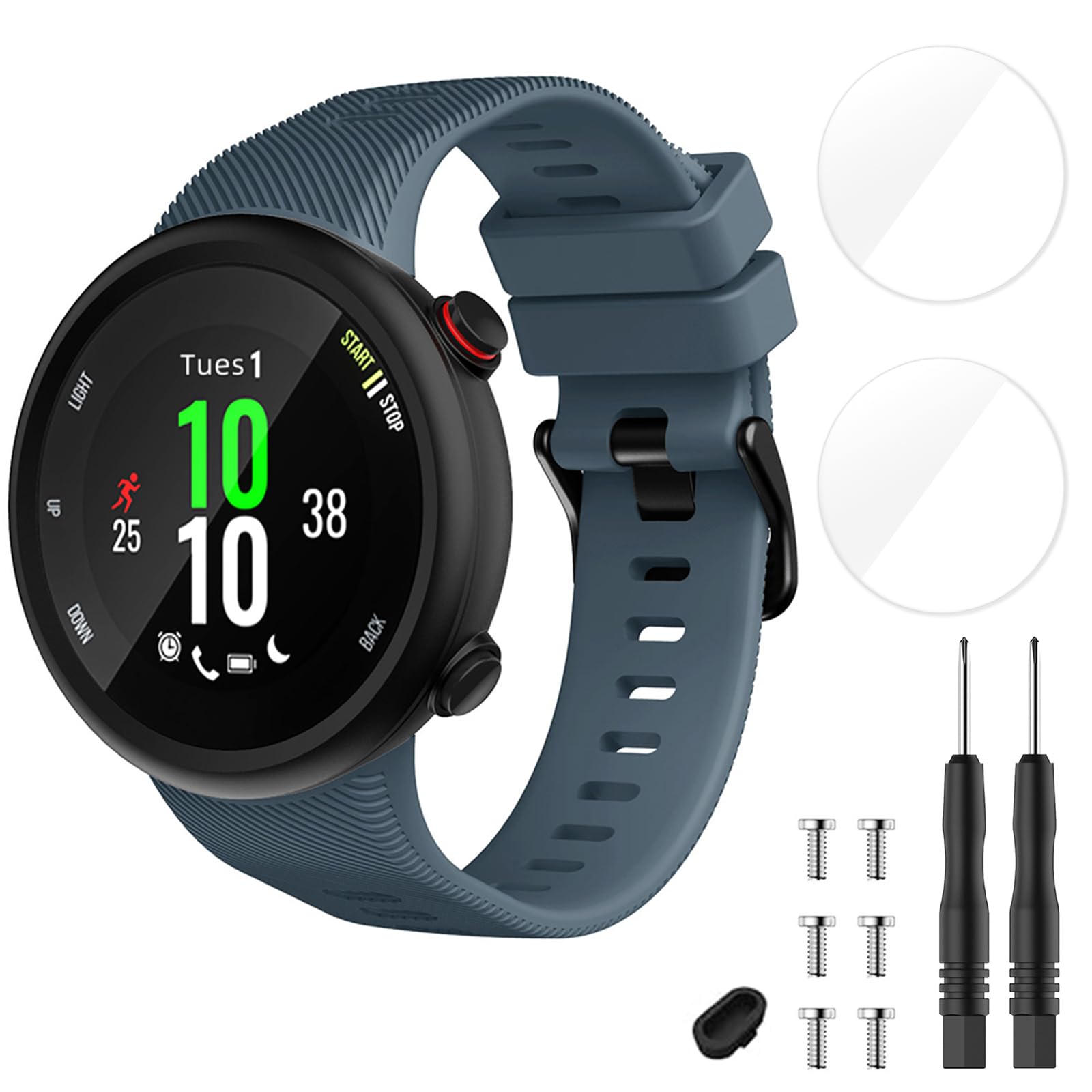 TopPerfekt Strap Compatible with Garmin Forerunner 45 and 2 x Screen Protector, Sport Silicone Wristband Arm Band Replacement Bracelet for Forerunner 45 (Slate)