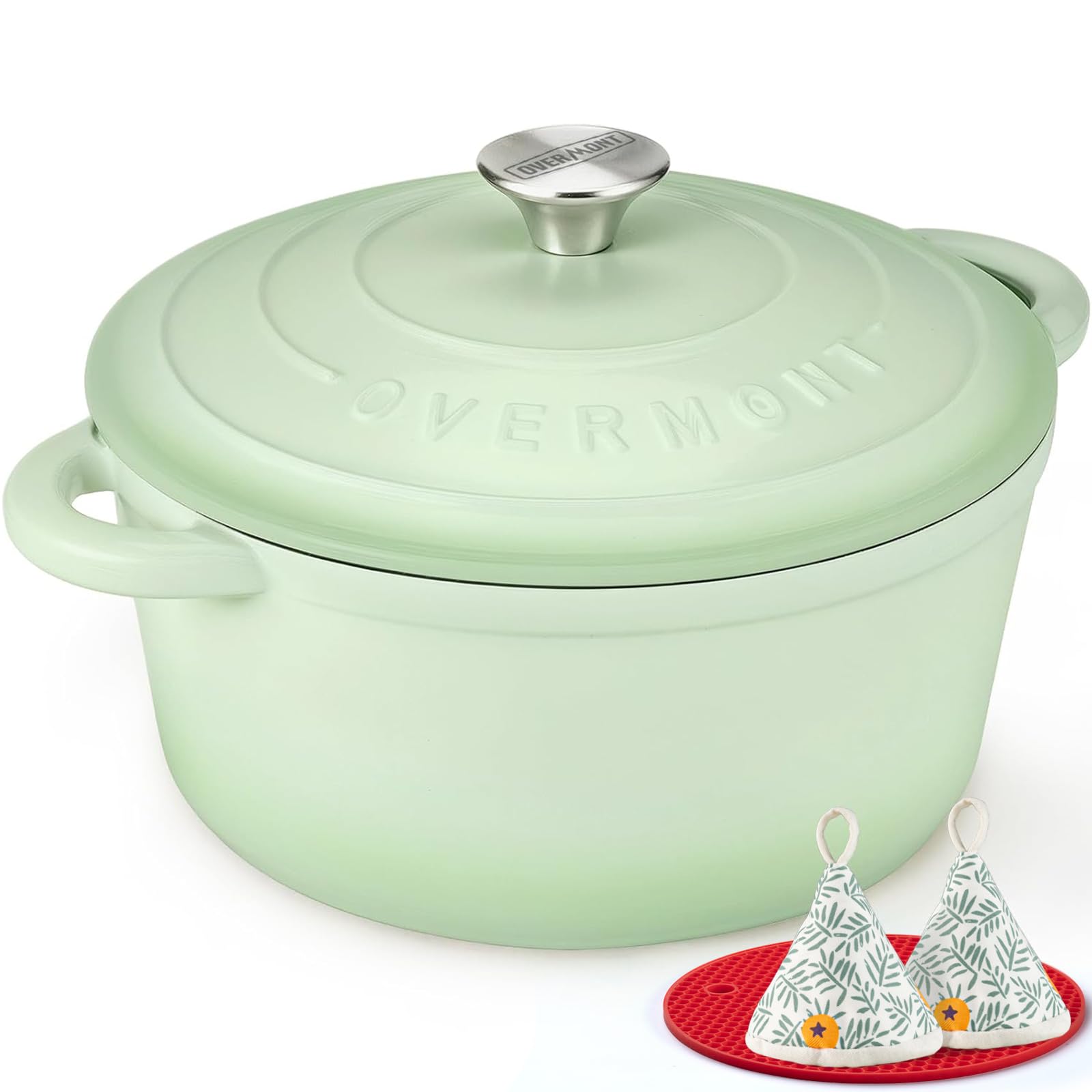 Overmont Roasting Dish Enamel Cast Iron Pot - 26 cm Oven Safe - with Lid and Cookbook - for Kitchen Baking Braising Roasting
