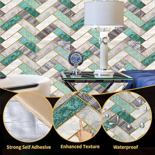 Image of WrapWall 3D Wallpaper Self Adhesive Foam Pack of 2 (70x70 cm) | Waterproof Brick Design Wallpaper |Peel & Stick DIY Wall Decor for Living Room Bedroom Kitchen (2, Green VShape)