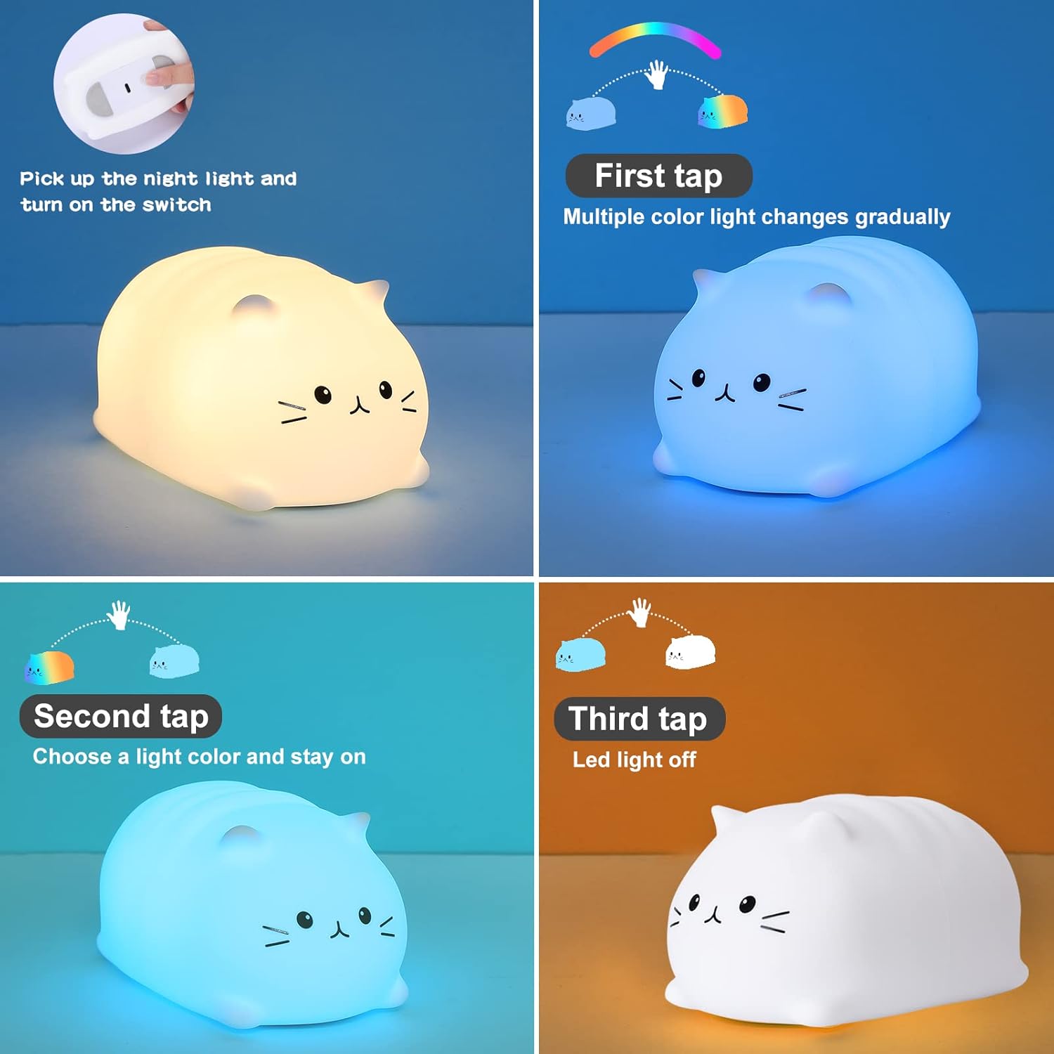 Diagram showing tap control for ZKLiLi Cute Cat Night Light