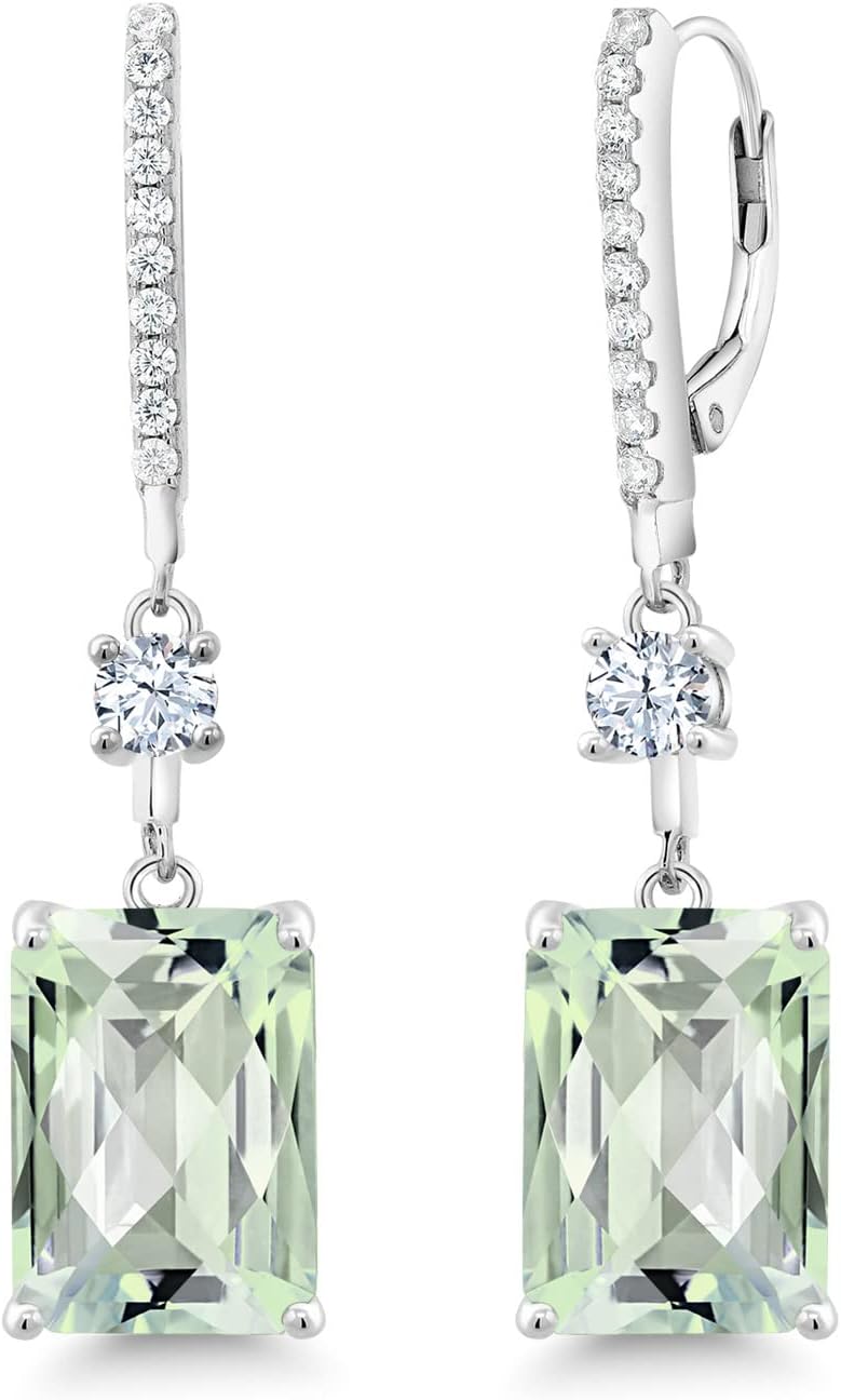Gem Stone King 13.50 Cttw Green Prasiolite Dangle Earrings For Women | 925 Sterling Silver | Gemstone Birthstone | Emerald Cut 14X10MM