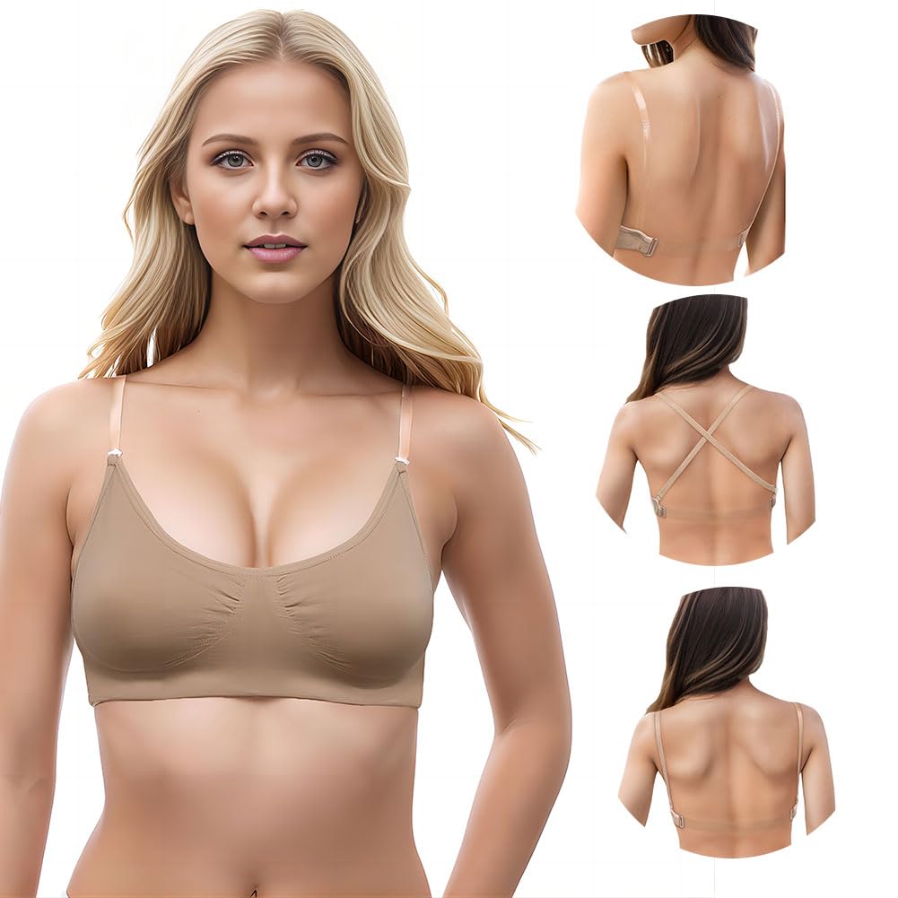 Womens Clear Strap Backless Bra Low Back Wireless Invisible Dance Bra
