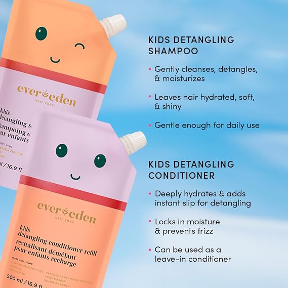Evereden Kids Conditioner Detangler (6.7 fl. oz.) & Shampoo Refill (16.9 fl. oz.): Clean & Vegan Kids Haircare for Ages 3 Up - Argan Oil & Plant Peptides - Stubborn Knot Buster - Any Hair Type