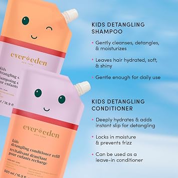 Evereden Kids Conditioner Detangler (6.7 fl. oz.) & Shampoo Refill (16.9 fl. oz.): Clean & Vegan Kids Haircare for Ages 3 Up - Argan Oil & Plant Peptides - Stubborn Knot Buster - Any Hair Type