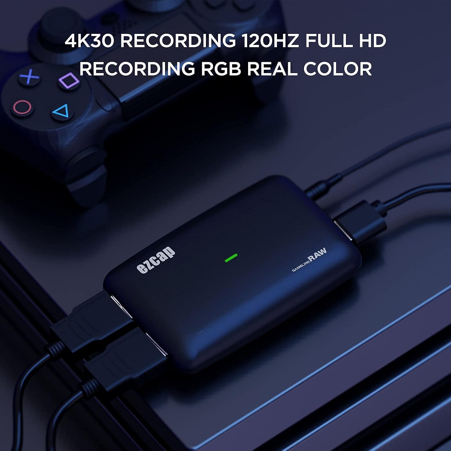 Ezcap321 capture card connected to a gaming console and displaying 4K30 recording capabilities.